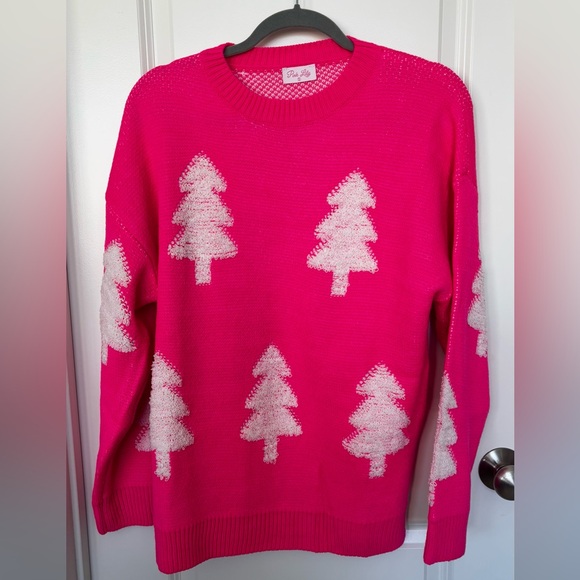 Festive Holiday Hot Pink Sweater with White Trees - Picture 3 of 7